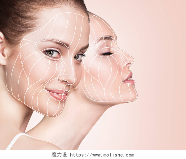 粉色背景上模特展示面部线条显示面部提升对皮肤的影响的图示线.